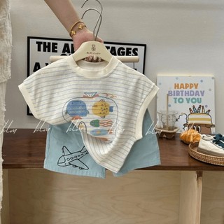 Bộ đồ trẻ em mùa hè mới phiên bản Hàn Quốc áo vest sọc cotton hoạt hình cho bé quần đùi đi máy bay