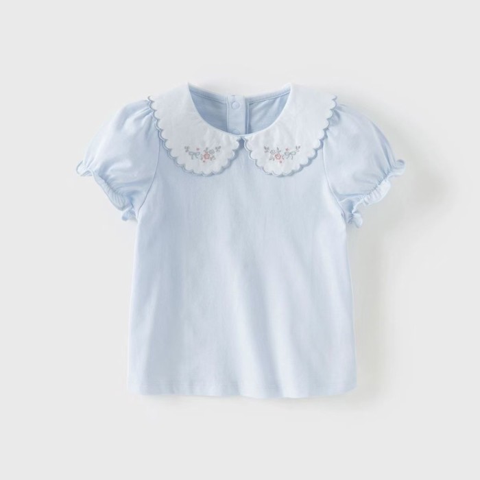 Áo thun cotton ngắn tay có cổ xếp nếp ngọt ngào cho bé gái