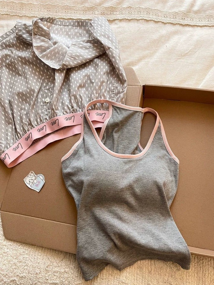 Sweet And Cute Contrasting Color Pajamas For Women, Vest Shorts, Casual Home Shorts Set That