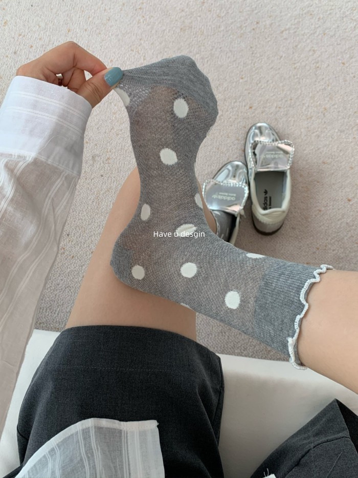 Have u desgin Xám Chấm Bi Bê Tất Nữ Mùa Hè Mỏng Phong Cách Thoáng Khí Cọc Tất Agaric Edge Lưới Rỗng Thoáng Khí Tất Cotton Thoáng Khí