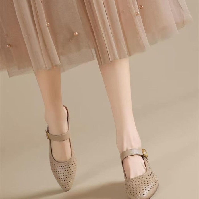 Giày sandal mũi nhọn thoải mái cho nữ mùa hè, giày nữ da mềm lỗ rỗng thoáng khí, gót dày, dép đi là