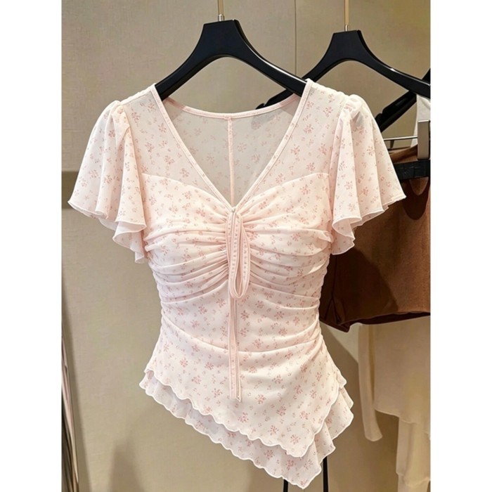 Gentle Wind Floral Lace Irregular Short-sleeved T-shirt For Women Summer New Style High-end W