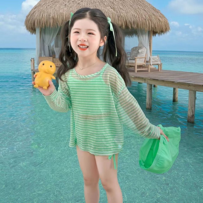 Girls Swimwear Summer New Style Children's Seaside Hot Spring Long-sleeved Blouse Three-piece Se