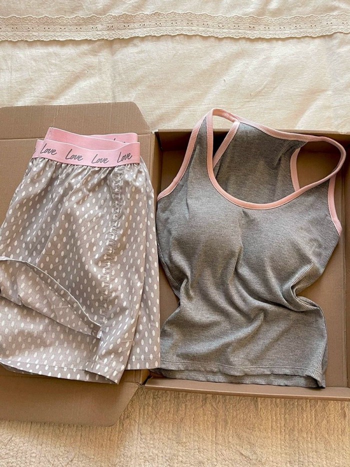 Sweet And Cute Contrasting Color Pajamas For Women, Vest Shorts, Casual Home Shorts Set That