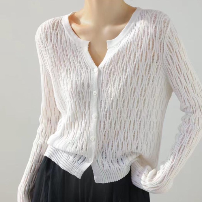 Mùa hè hàn quốc mới băng lụa dệt kim cardigan cổ tròn băng lụa mỏng áo len dệt kim dài tay hà