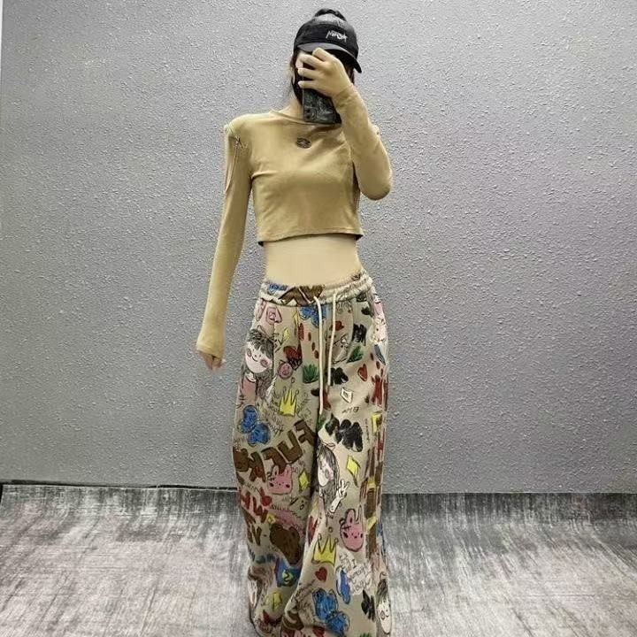 Lan Quần Jeans Mùa Hè Phong Cách Graffiti Mỹ, Ống Rộng Thẳng Mỏng Nhẹ