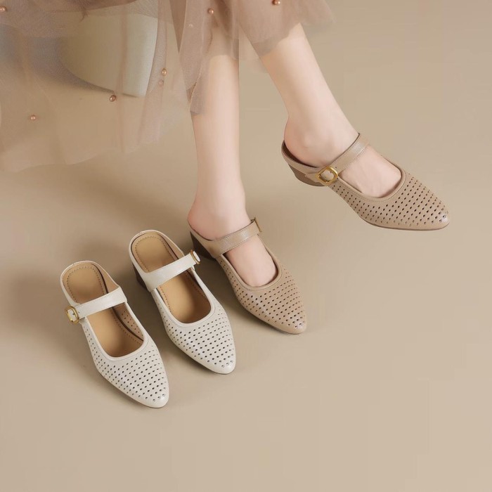 Giày sandal mũi nhọn thoải mái cho nữ mùa hè, giày nữ da mềm lỗ rỗng thoáng khí, gót dày, dép đi là