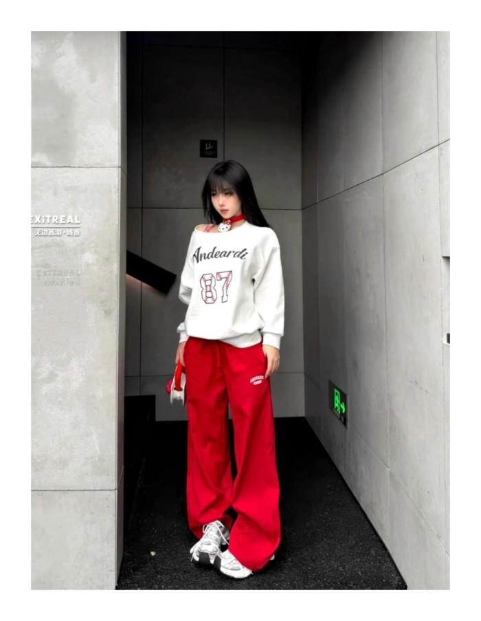 Quần thể thao thông thường dành cho nữ Mùa xuân ghép đôi eo rộng Quần ống rộng thẳng Quần dài