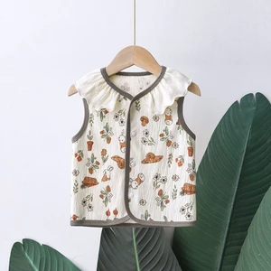 bé vest mùa xuân hè mỏng bé vest bảo vệ bụng phong cách dễ thương ren cổ áo vest