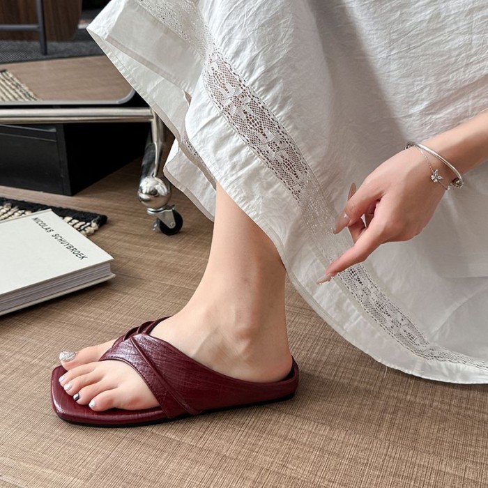 Dép xỏ ngón mũi vuông đế phẳng phong cách cổ điển dành cho nữ mặc ngoài mùa hè, dép sandal kiểu Phá