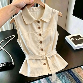 Original Design Sleeveless Vest Women's Waist Tie-Up Shirt Temperament Solid Color Thin Top