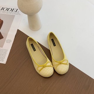 Dopamine Plaid Niche Sweet Pattern Red Ballet Bow Mary Jane Shoes Women's Flat Evening Shoes