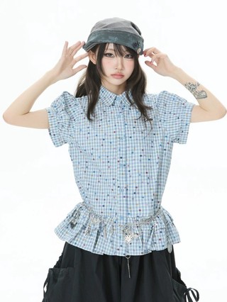 Retro Blue Plaid Color Dot Short Sleeve Shirt Women's Summer College Style Waist Slimming Lap