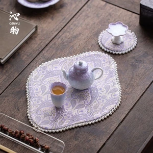 Bông Tím Và Vải Lanh Thổ Cẩm Trà Thảm Vải Tua Rua Khô Ngâm Thảm Thấm Hút Chống bỏng Cách Nhiệt Thảm Bàn Trà Thảm Trà Coaster