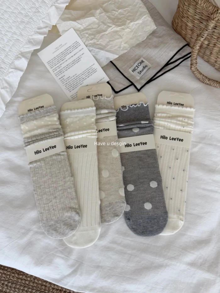 Have u desgin Xám Chấm Bi Bê Tất Nữ Mùa Hè Mỏng Phong Cách Thoáng Khí Cọc Tất Agaric Edge Lưới Rỗng Thoáng Khí Tất Cotton Thoáng Khí