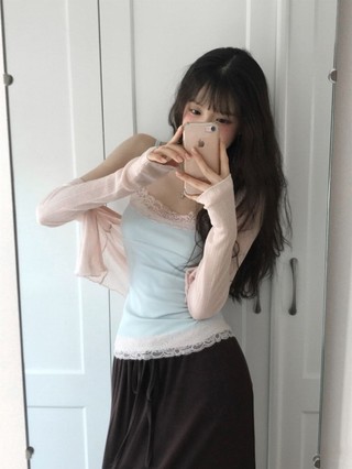 phong cách hàn quốc mùa hè phong cách mới viền ren màu sắc phù hợp với áo yếm nữ khí chất hàng đ