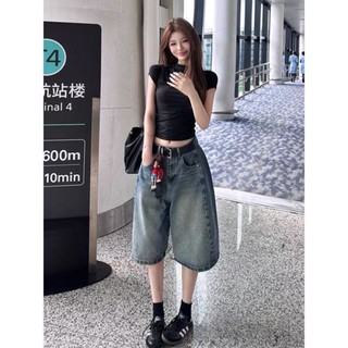 Quần short denim ống rộng năm điểm kiểu Mỹ cho nữ mùa hè mới quần ôm dáng rộng