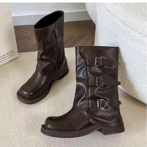 Giày Bốt Đến Giữa Bắp Chân Đế Dày Mới Phong Cách Retro Hiệp Sĩ Phương Tây Quần Jean Ống Đống Già