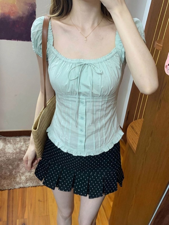 Mint Blue Puff Sleeve Square Neck Short Sleeve Shirt Womens Summer Korean Style Unique And Be