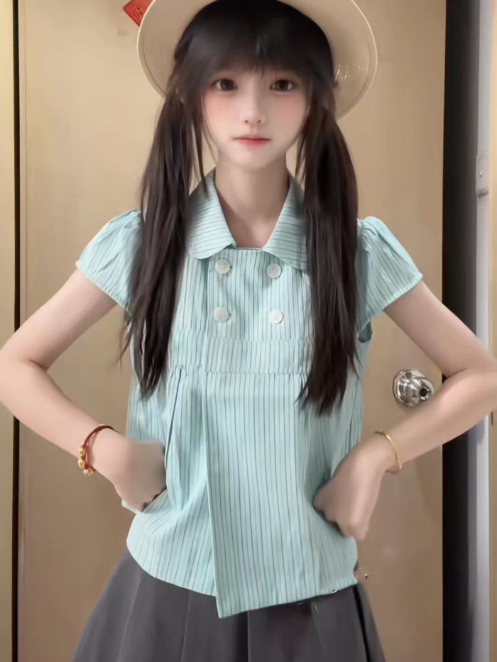 Áo sơ mi sọc tươi mới phong cách Hàn Quốc dành cho nữ cổ áo búp bê đôi ngực thiết kế tay ngắn