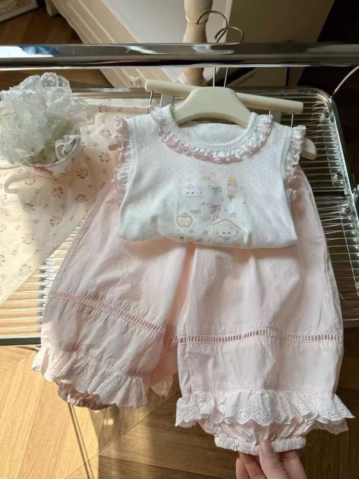 Girls Vest Suspender Girl Short-sleeved Suit Baby Casual Anti-mosquito Pants T-shirt Pants