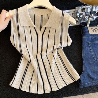Áo Len Không Tay Sọc Màu Tương Phản Mùa Hè Nữ Phong Cách Mới Slim Fit Áo Cardigan