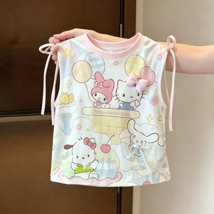 Pure Cotton Cartoon Summer Dress Girl Printed Sleeveless Top Baby Girl Sweet Bow Three-dimens