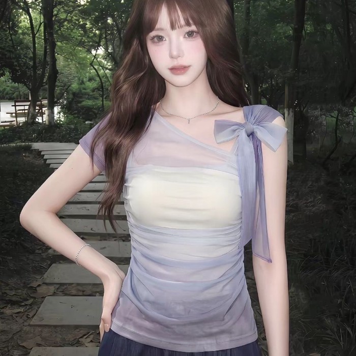 Korean Style Off-shoulder Mesh T-shirt Purple Good-looking Slim Short-sleeved Bow Waist Top