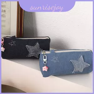 Hộp đựng bút chì Denim dễ thương có trang trí ngôi sao và lưu trữ bổ sung cho thanh thiếu niên và học sinh