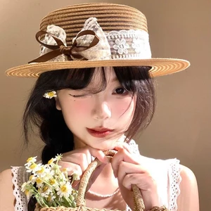 Ren Nơ Flat Top Mũ Rơm Cho Nữ Mùa Hè Bên Biển Khu Nghỉ Dưỡng Phong Cách Chống Nắng Mũ Pháp Thanh Lịch Mũ Chống Nắng