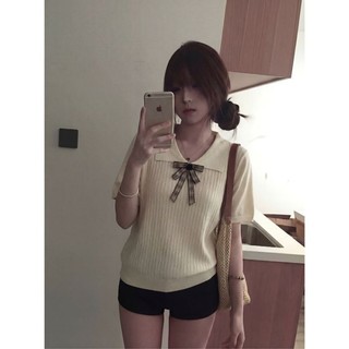 Korean Style Contrast Color Doll Collar Knitted Short Sleeve Women's New Summer Hollow Design