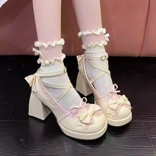 Giày lolita Tính Khí Mary Jane Nền Chống Thấm Nước Gót Dày Giày Cao Gót Phối Ren Nơ Cô Gái Ngọt Ngào Gothic Giày