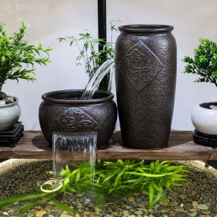 (Mới về) Bể cảnh ban công với chậu gốm, hệ lọc hoàn chỉnh, bể cá chảy, trang trí thác truyền thống 