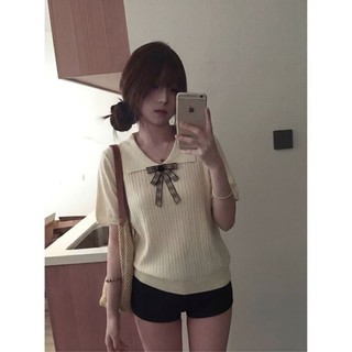 Korean Style Contrast Color Doll Collar Knitted Short Sleeve Women's New Summer Hollow Design