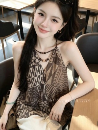 Old Money Style Geometric Print Halter Neck Shirt, Light National Style, Slimming And Flesh-c