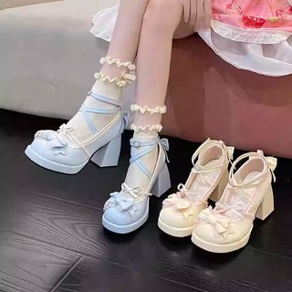 Giày lolita Tính Khí Mary Jane Nền Chống Thấm Nước Gót Dày Giày Cao Gót Phối Ren Nơ Cô Gái Ngọt Ngào Gothic Giày