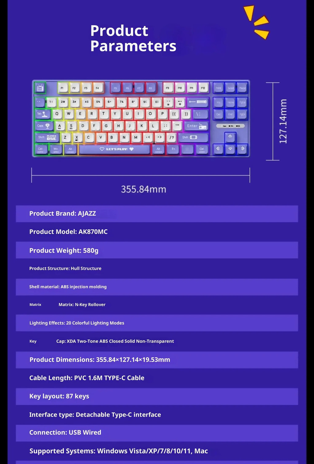 Ajazz AK870MC Wired Mechanical Keyboard Esports Game Hot Swappable RGB ...