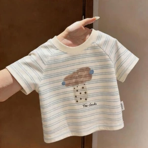 Áo thun sọc ngắn tay bé trai áo nửa tay mùa hè áo thun trẻ em phong cách mới cổ tròn hoạt hìn