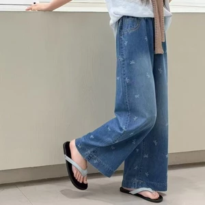Quần jean ống rộng thêu bướm cho bé gái mùa xuân hè quần ống rộng mới cho trẻ em từ trung niê