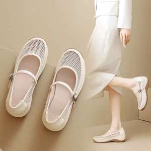 Giày nữ đế mềm đế nêm mùa hè, giày nữ mũi tròn lưới thoáng khí một nút bằng da mềm