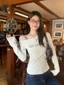 hot girl kẻ sọc quai chéo vai dài tay áo thun nữ xuân thu mới slim slim in chữ đa năng hàng đ
