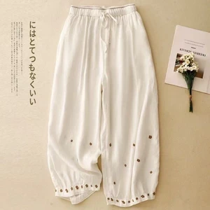 mùa hè phong cách mới quần âu dành cho nữ, nghệ thuật retro màu trơn thêu thun rời quần chín điể