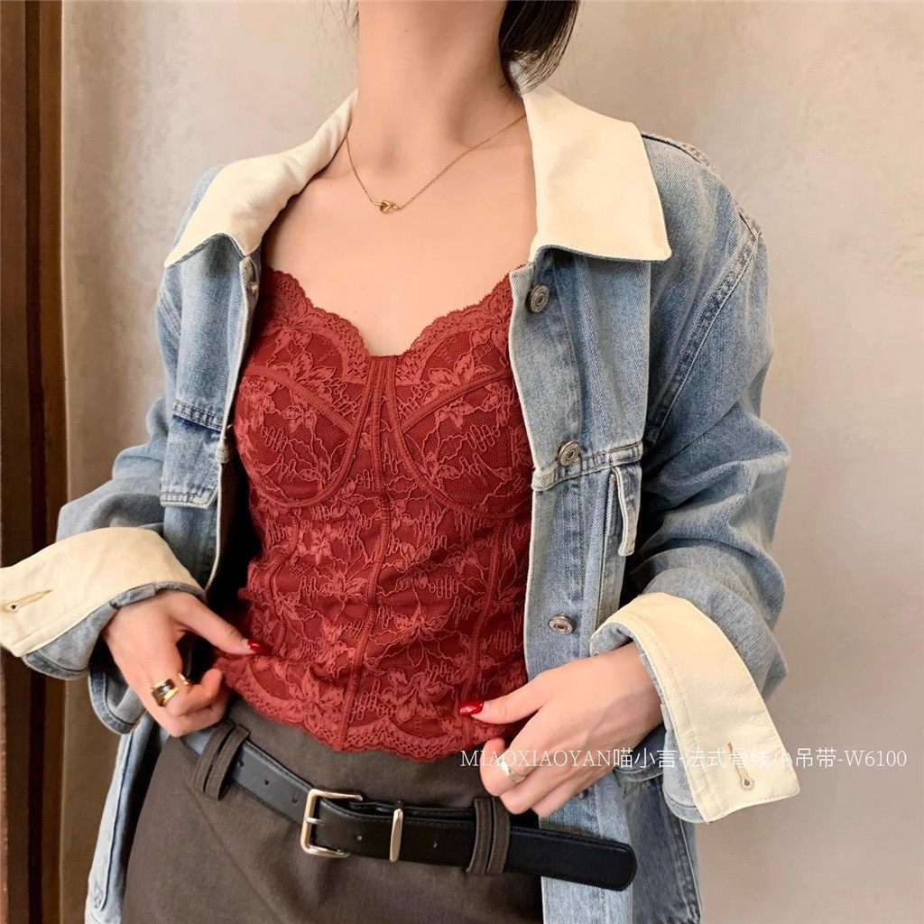 Áo camisole ren slim-fit cho nữ thu đông, có miếng lót