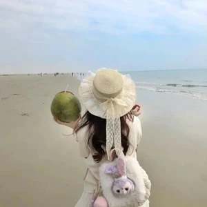 Mũ đế phẳng độc đáo dành cho bé gái, Mũ chống nắng đi biển có ren kiểu Pháp, Mùa hè ngọt ngào bên bờ biển