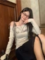 hot girl kẻ sọc quai chéo vai dài tay áo thun nữ xuân thu mới slim slim in chữ đa năng hàng đ