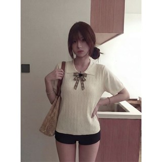 Korean Style Contrast Color Doll Collar Knitted Short Sleeve Women's New Summer Hollow Design