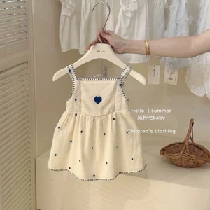 bộ quần áo trẻ em mùa hè mới phong cách Hàn Quốc bé gái thêu khí chất váy dây đeo váy ren phong