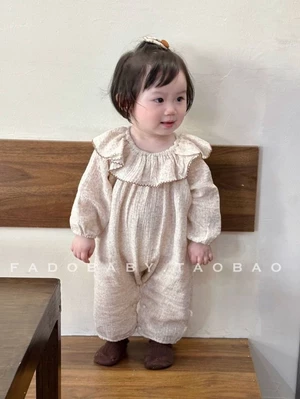 Quần áo trẻ em mùa xuân , áo liền quần dài tay cổ lá sen hoa cho bé gái, áo liền quần thời tra