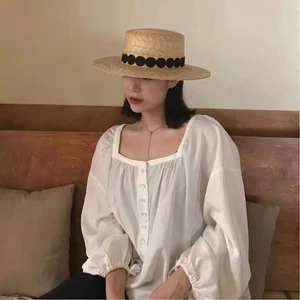 Và Ren Miếng Dán Rơm Lúa Mì Ins Internet Người Nổi Tiếng Cùng Phong Cách Flat Top Mũ Rơm Thời Trang Chống Nắng Kỳ Nghỉ Tấm Che Nắng Mũ Đi Biển