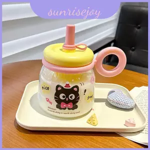 Cốc hoạt hình bằng nhựa dễ thương có ống hút chịu nhiệt độ cao cho du lịch đi học và